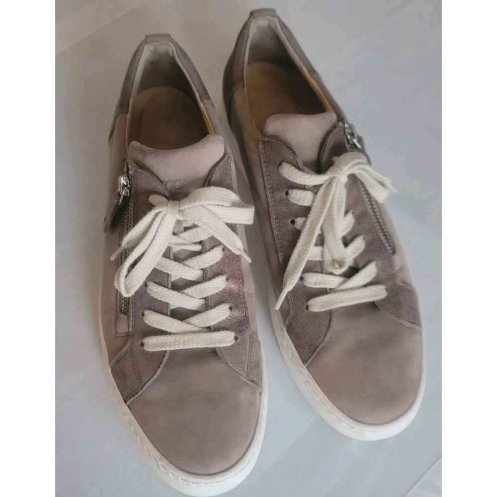 Paul Green Women's Size 8 Metallic Taupe Suede Sneakers Side Zip Lace Up Comfort
